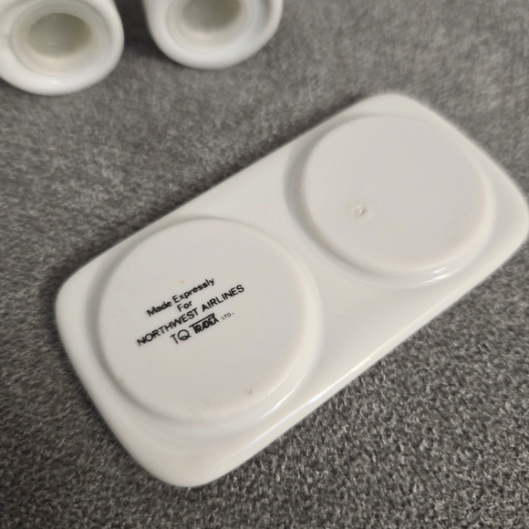 Vtg Northwest Airlines Mini Salt Pepper Set Tray Porcelain Blue Stripes - Picture 5 of 8